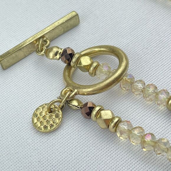 ~ Marlyn Schiff Necklace Beaded Gold Star 2-sided Crystals Neutral Brown Ivory - Picture 6 of 12